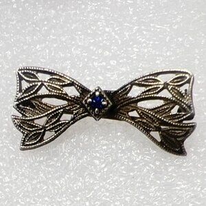 1930s Sterling Silver Brooch Pin Filigree Blue Stone Center Floral Vintage 925